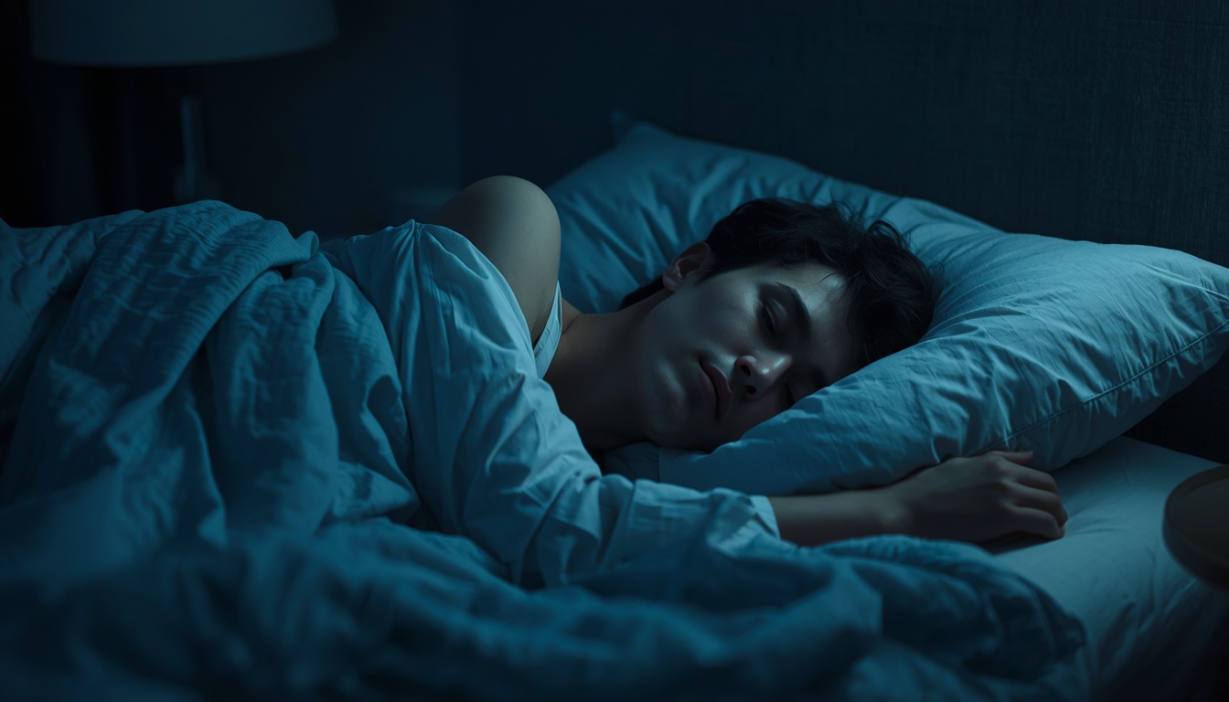 Person experiencing peaceful sleep in serene bedroom environment